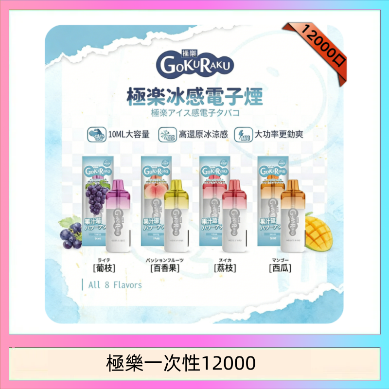 【8種口味】極楽 12000口一次性電子煙|超大容量 |口感絲滑|新品